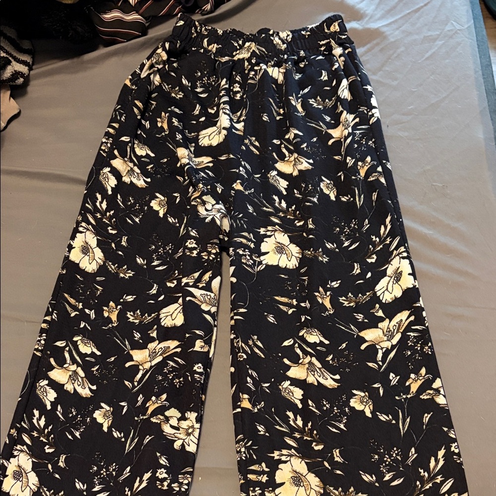 Floral Black and Cream Wide-Leg Pants